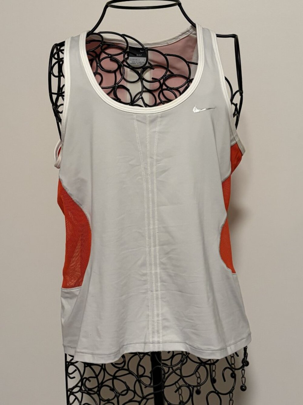 Nike Dri-FIT Women’s White Orange Racerback Tank Top Mesh Panels Athletic Size L